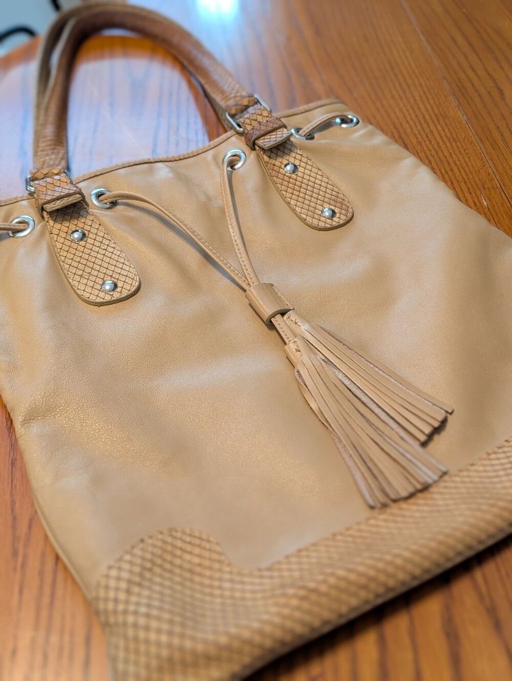 Maurizio Taiuti Women's Tan Leather Tassel Tote Bag W Python Pattern